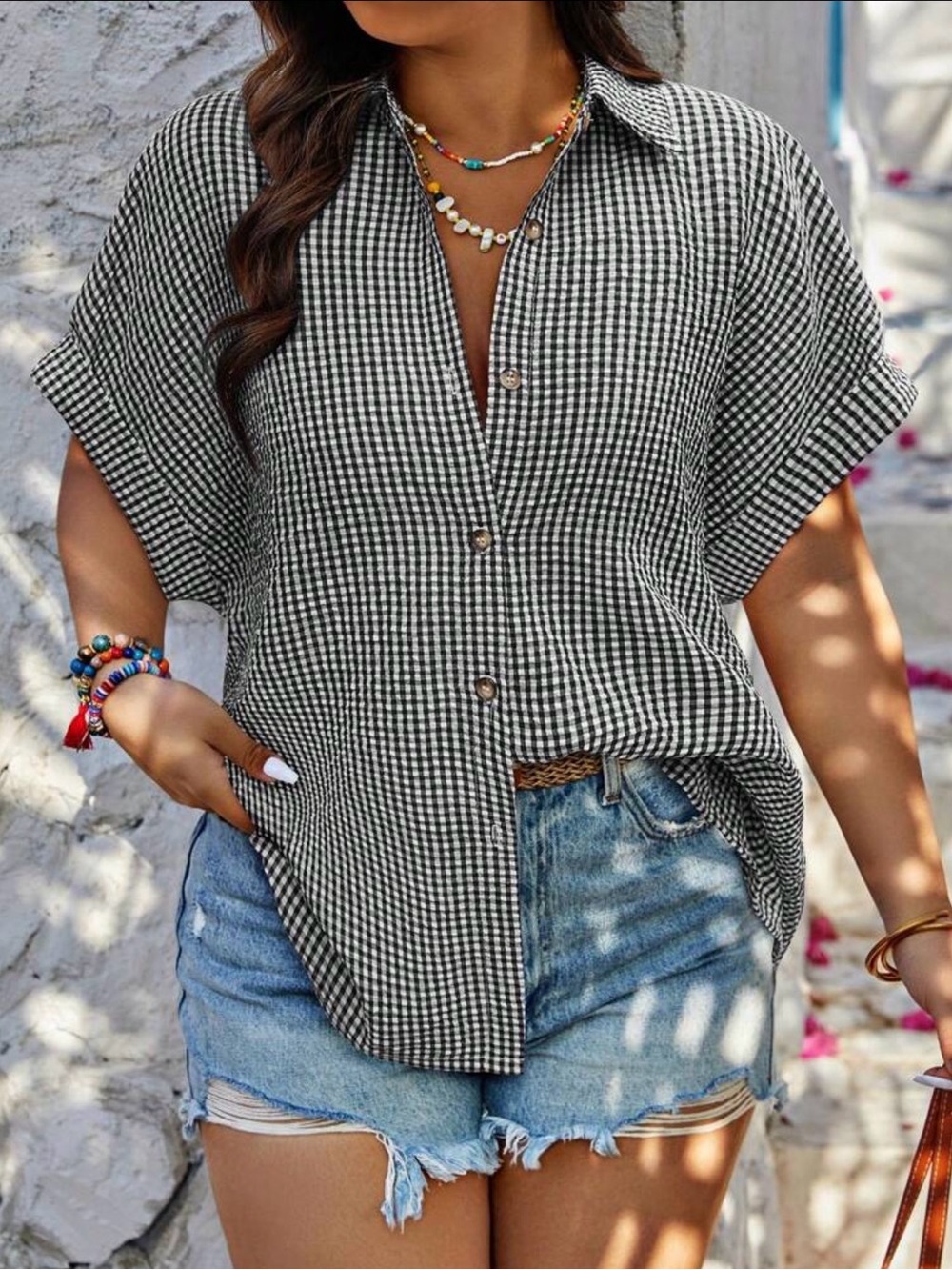 Women’s Black & White Gingham Button-Front Shirt